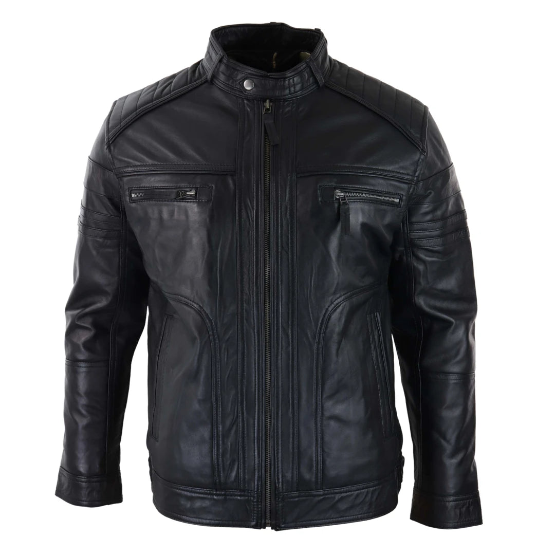 Men's Black Brown Biker Leather Jacket Distressed Zipped