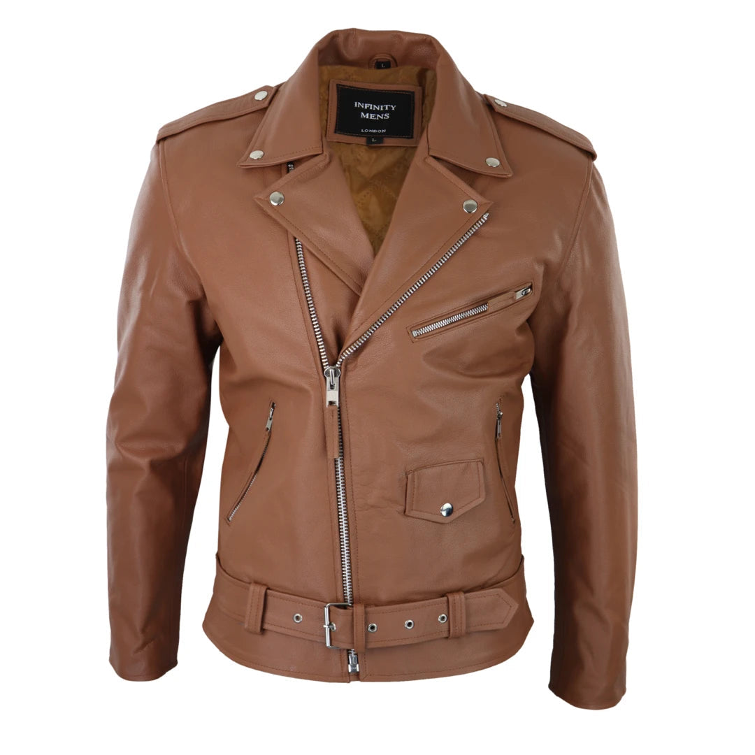 Men's Cow Hide Original Cross Zip Brando Biker Motorcycle Leather Jacket Tan