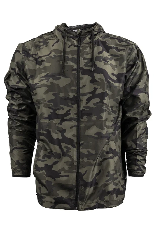 Burnside Mens Water Resistant Full Zip Hooded Windbreaker Jacket - Green Camo