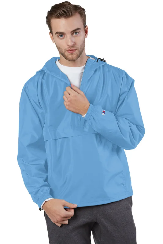 Champion Mens Packable Wind & Water Resistant Anorak 1/4 Zip Hooded Jacket - Light Blue