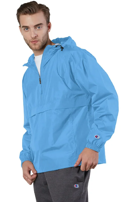 Champion Mens Packable Wind & Water Resistant Anorak 1/4 Zip Hooded Jacket - Light Blue