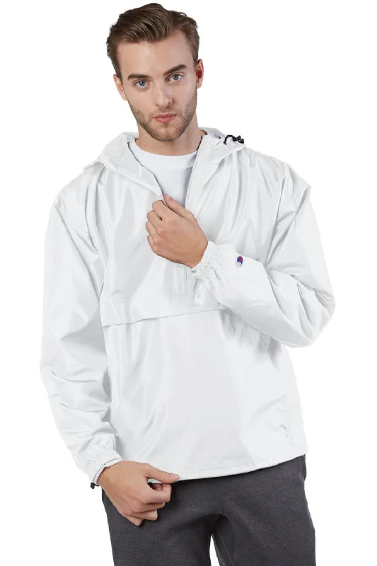 Champion Mens Packable Wind & Water Resistant Anorak 1/4 Zip Hooded Jacket - White