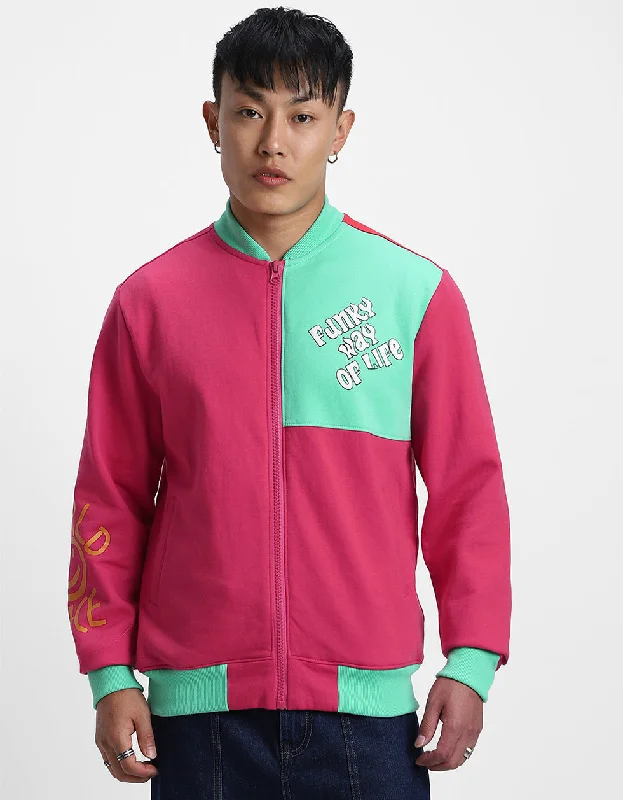 Magenta Back Typographic Printed Varsity Jacket