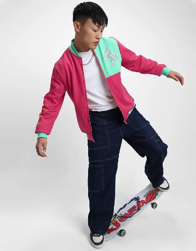 Magenta Back Typographic Printed Varsity Jacket