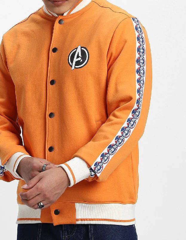 Orange Pocket Typographic Printed Varsity Jacket