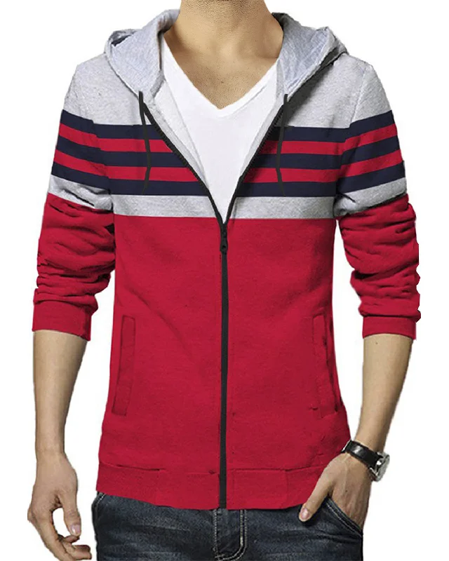 Red Grey Striped Men Hooded Jacket