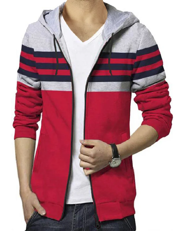 Red Grey Striped Men Hooded Jacket