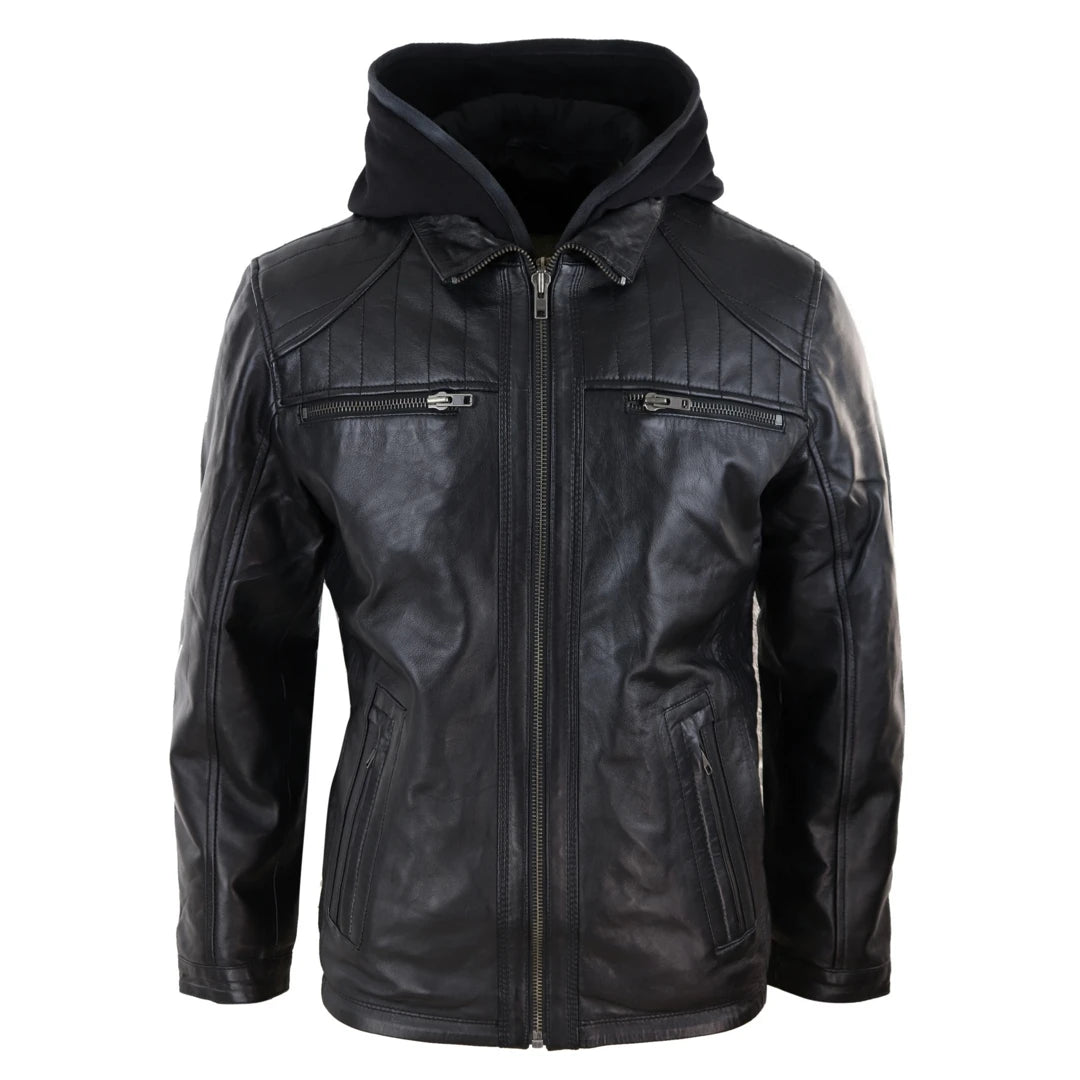 Men's Black Hoodie Leather Jacket Removable Hood Zip Napa