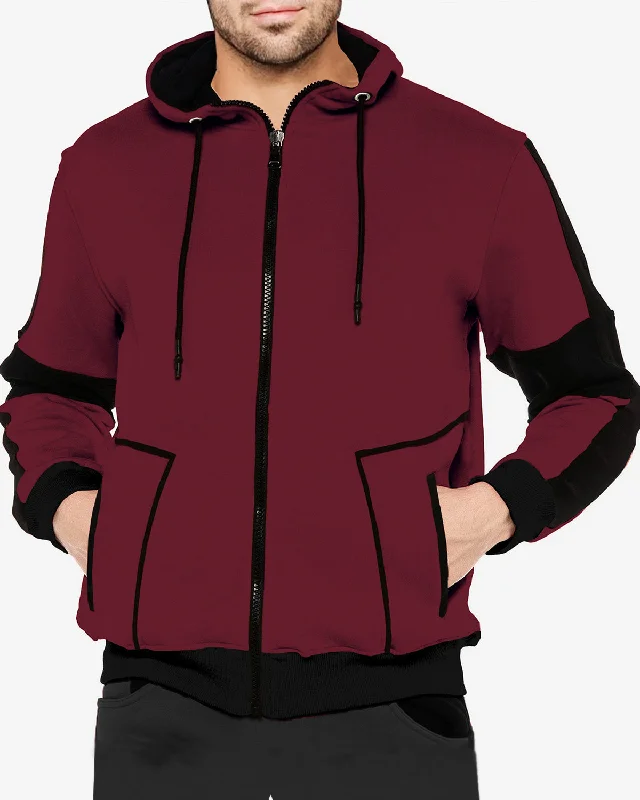 Maroon Black Contrast Men Hooded Jacket