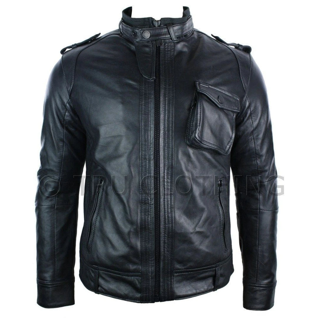 Men's black leather jacket outside pocket retro biker style slim fit