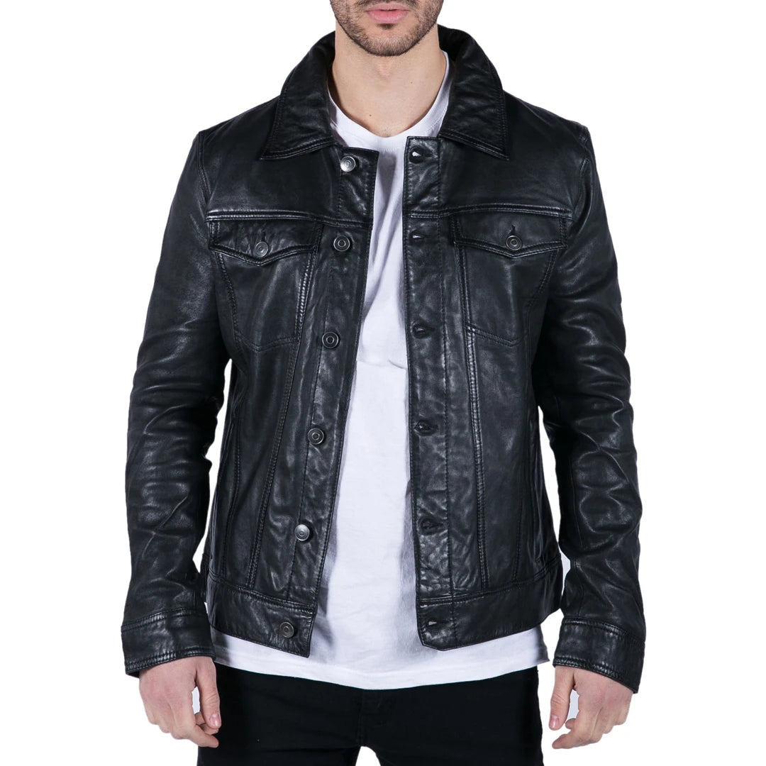 Men's Black Leather Soft Jacket Short Jeans Classic Stud