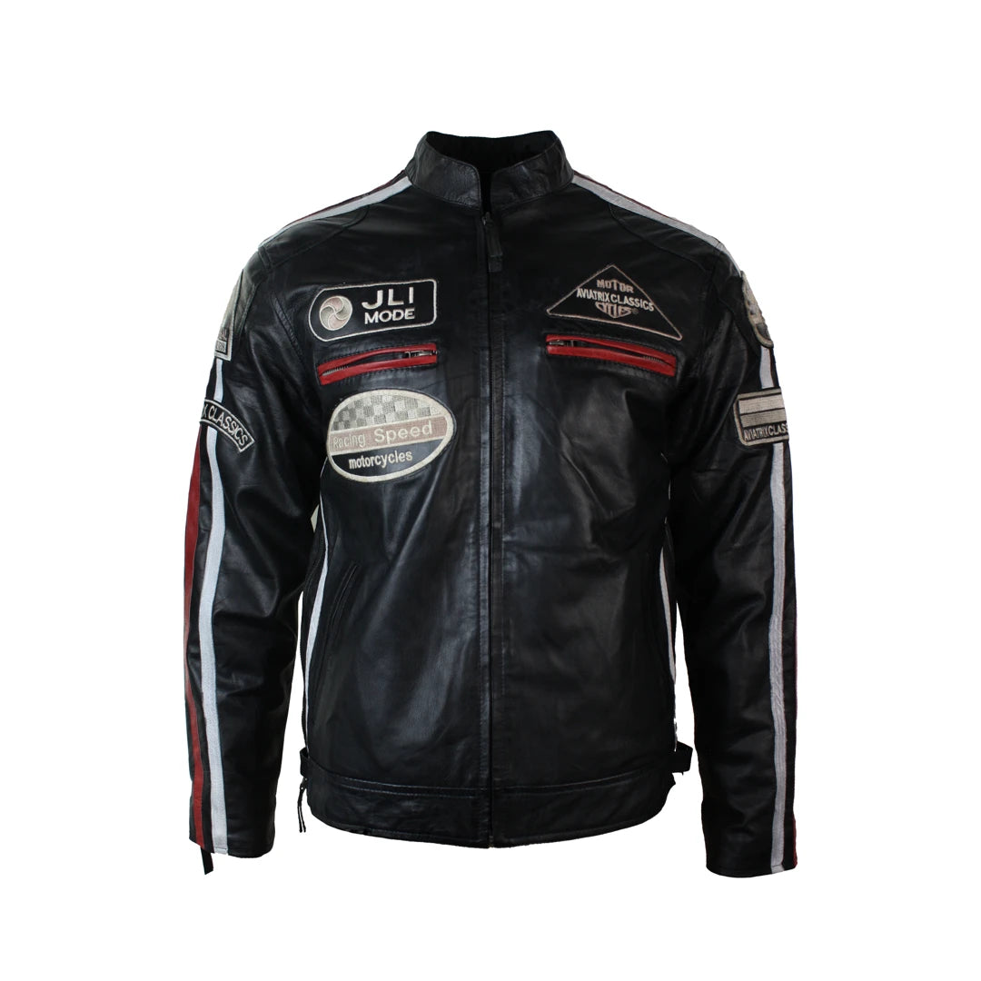 Men's Classic Biker Racer Leather Jacket Black Zipped Badge