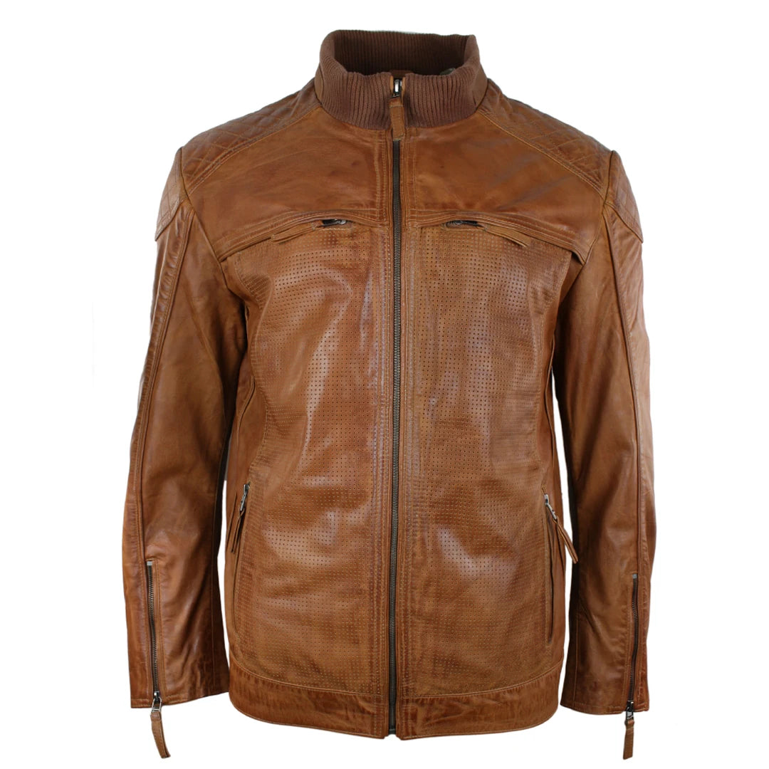 Men's Tan Brown Biker Jacket Perforated With Zip