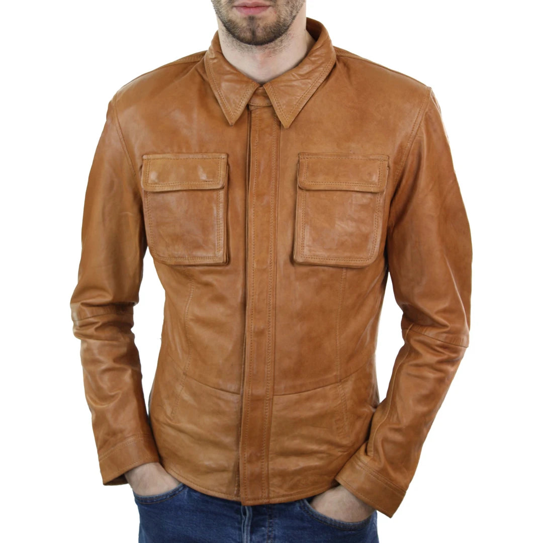 Men's Fitted Shirt Leather Jacket Tan Brown