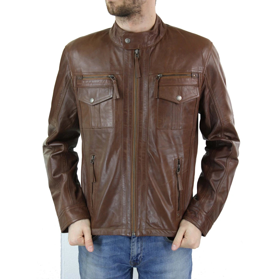 Men's Leather Biker Jacket Zipped Nehru Grandad Collar Regular Fit