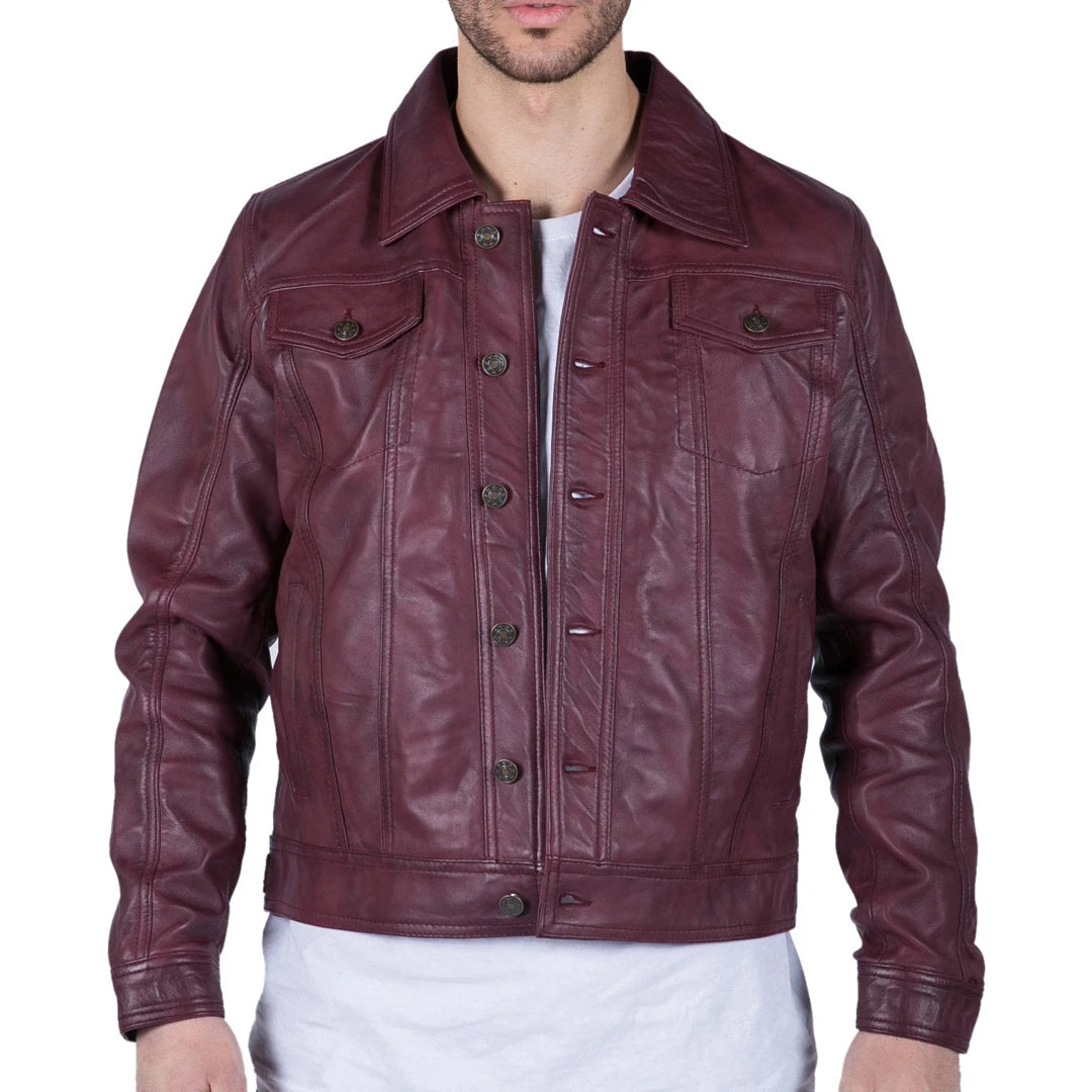 Men's Leather Shirt Jacket Burgundy Wine Jeans Brando Classic