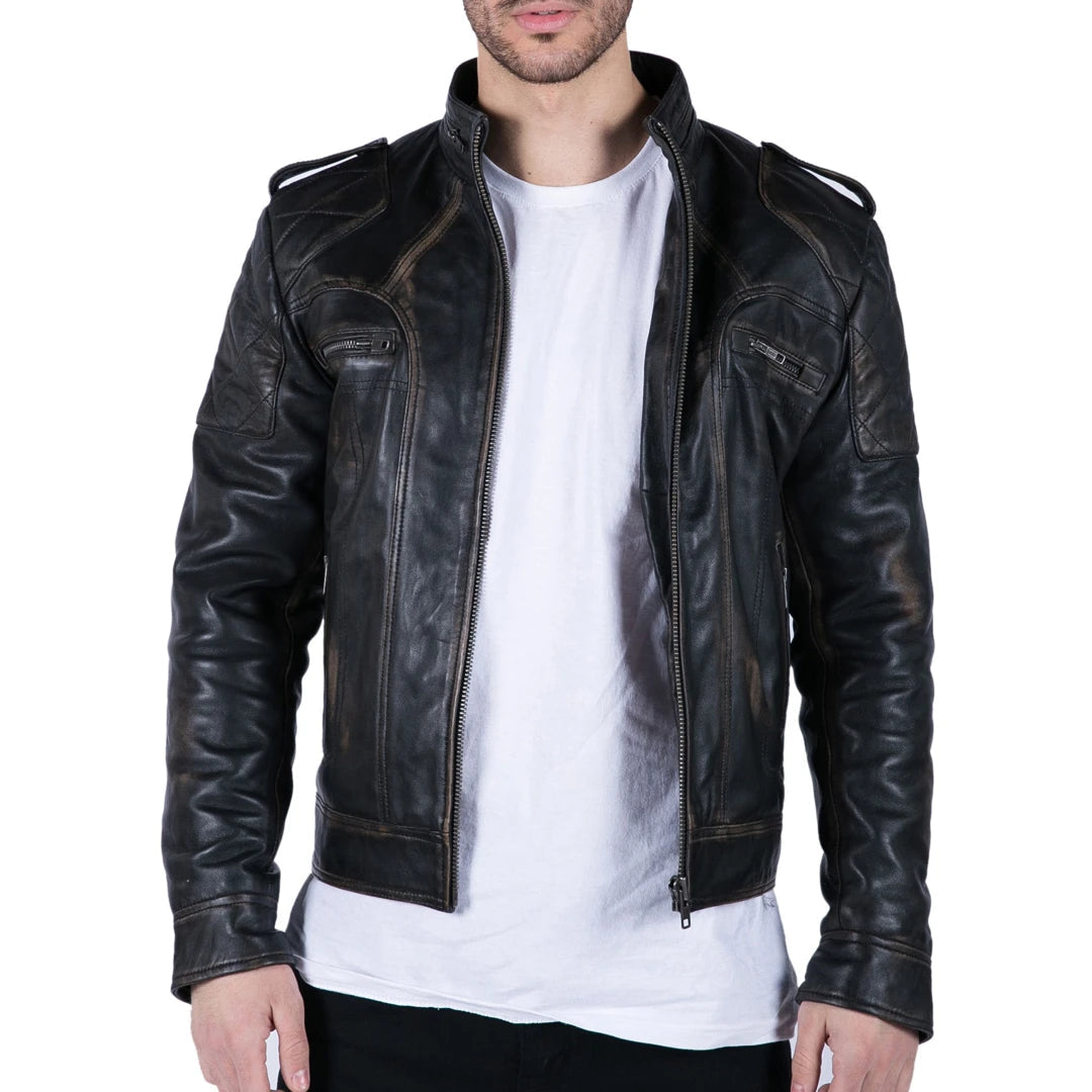 Men's Leather Black Brown Washed Racer Jacket Biker Zipped Slim