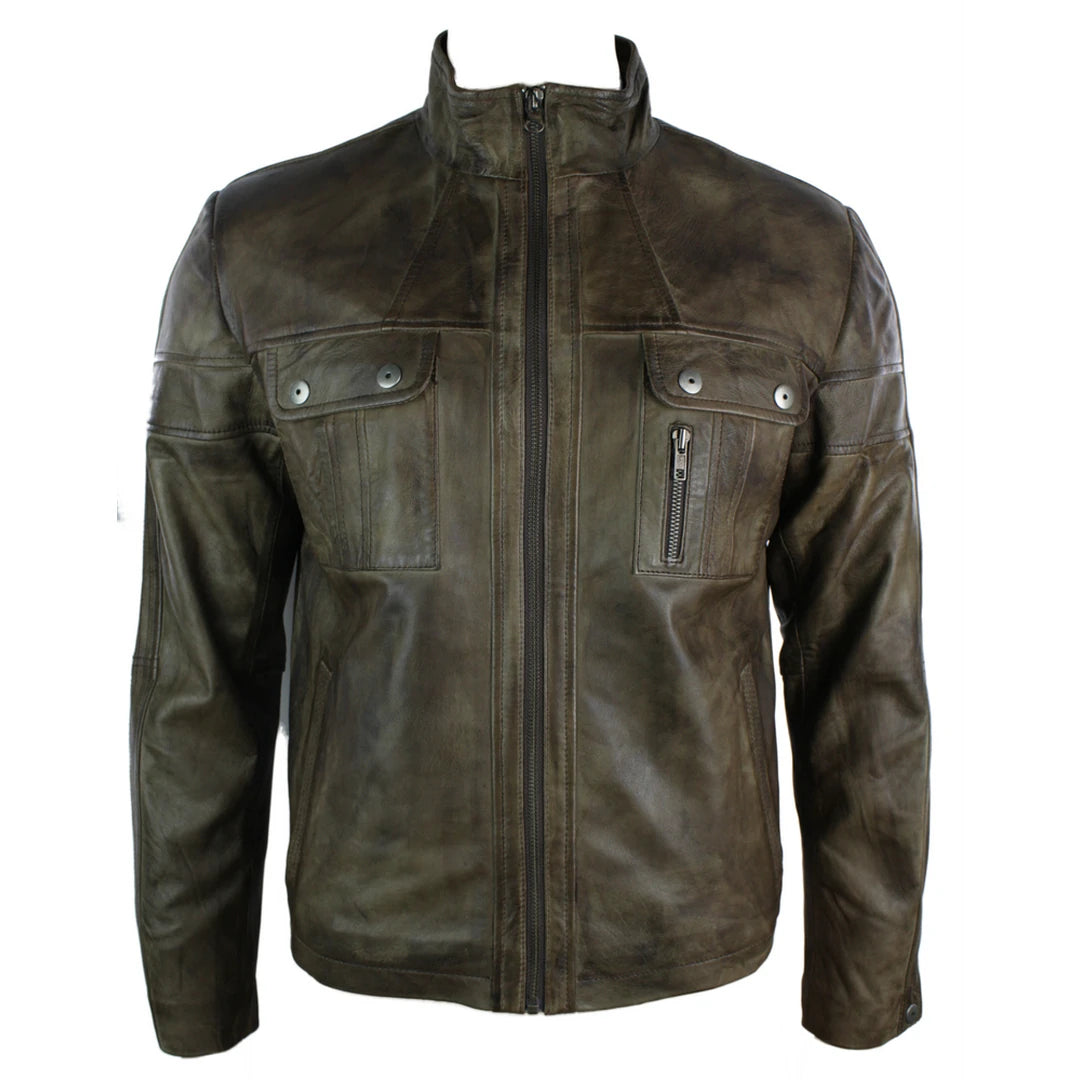 Men's Leather Jacket High Collar Brown Look