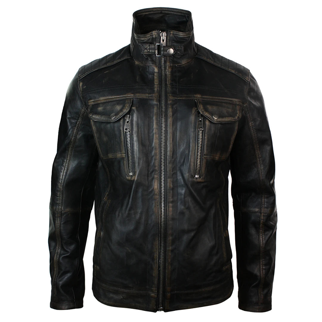 Men's Distressed Jacket Washed Leather Brown Black Rub Off