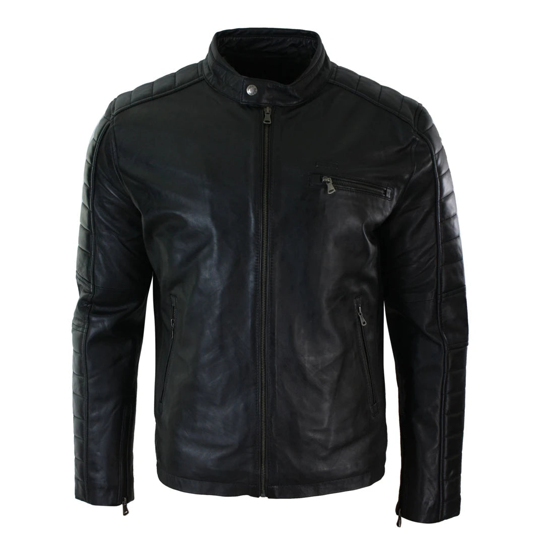 Men's Black Tan Brown Leather Biker Jacket Zipped