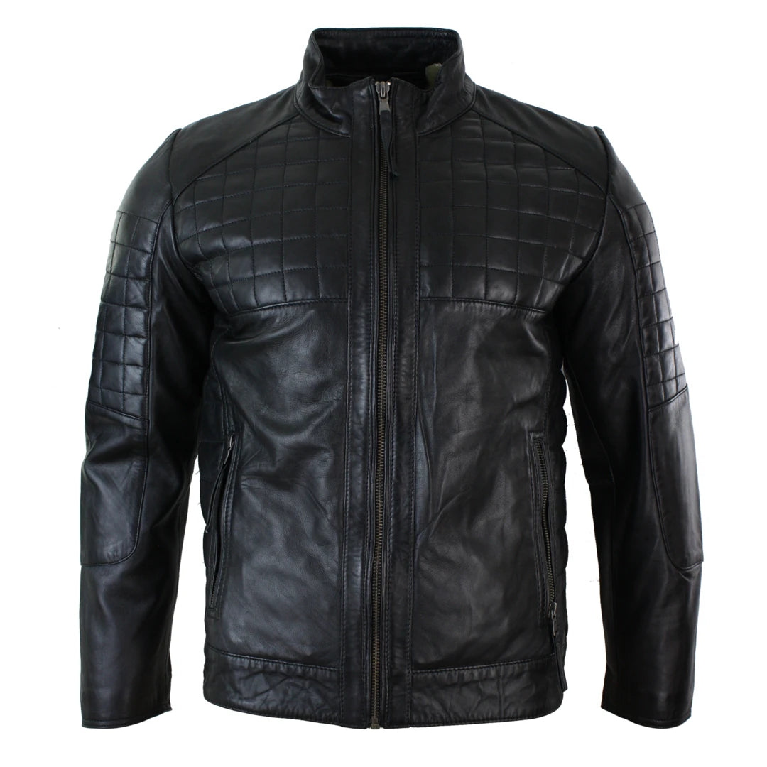 Men's Leather Stitch Leather Zipped Biker Jacket