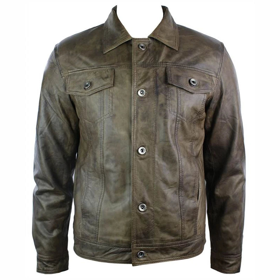 Men's Vintage Short Denim Style Retro Leather Jacket Washed Brown Casual