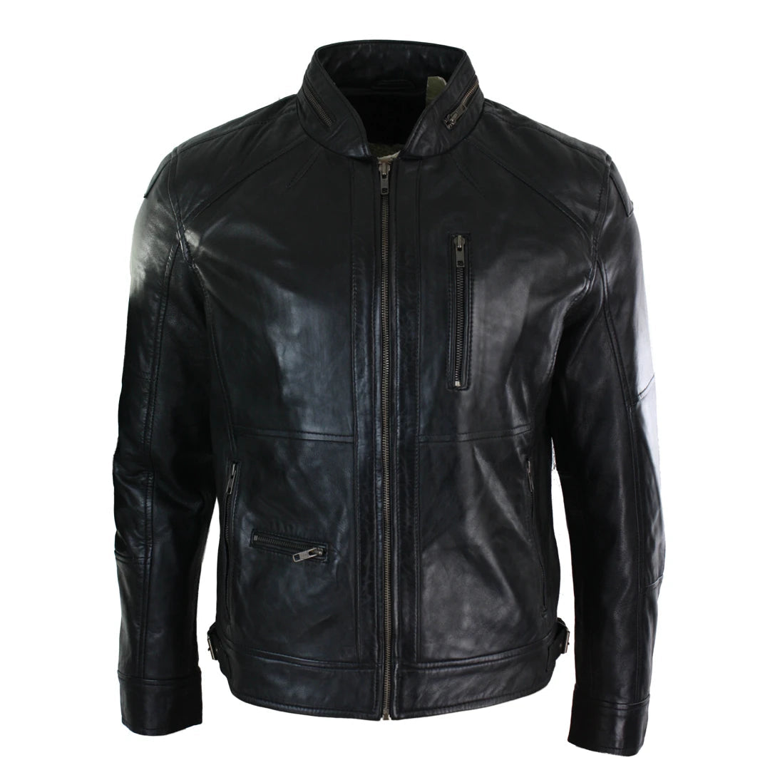 Men's Zipped Biker Leather Jacket Black Brown Olive Urban