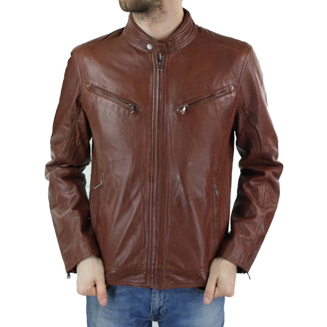 Men's Zipped Leather Biker Jacket Black Tan Brown