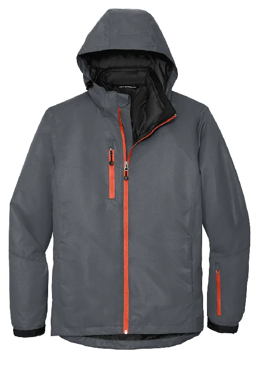 Port Authority Mens Vortex 3-in-1 Waterproof Full Zip Hooded Jacket - Magnet Grey/Orange