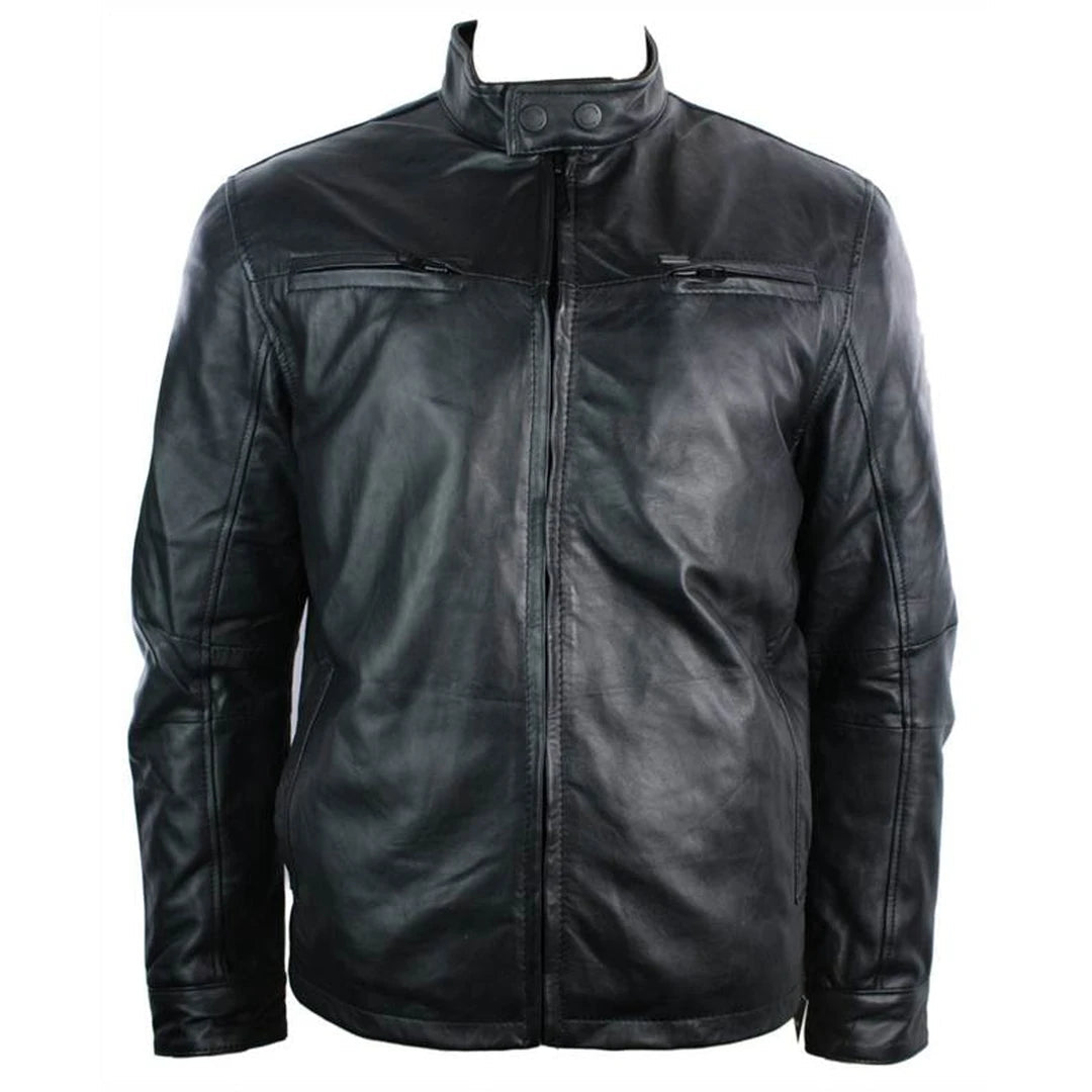 Retro Casual Men's Biker Jacket in Genuine Black Leather