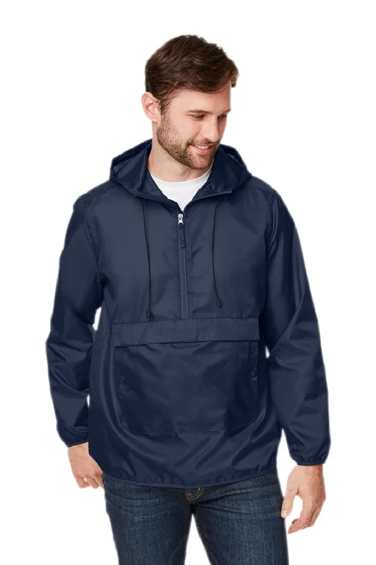 Team 365 Mens Zone Protect Water Resistant Hooded Packable Hooded 1/4 Zip Anorak Jacket - Dark Navy Blue