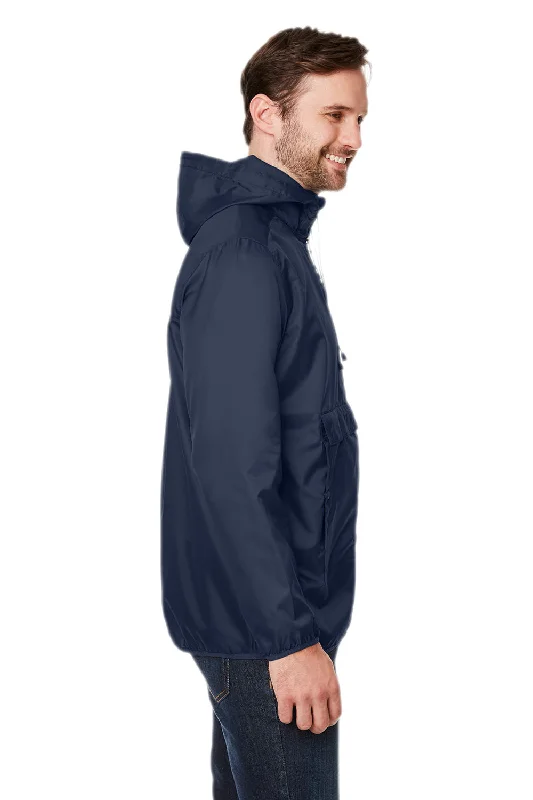 Team 365 Mens Zone Protect Water Resistant Hooded Packable Hooded 1/4 Zip Anorak Jacket - Dark Navy Blue