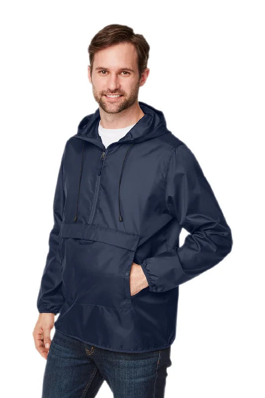 Team 365 Mens Zone Protect Water Resistant Hooded Packable Hooded 1/4 Zip Anorak Jacket - Dark Navy Blue