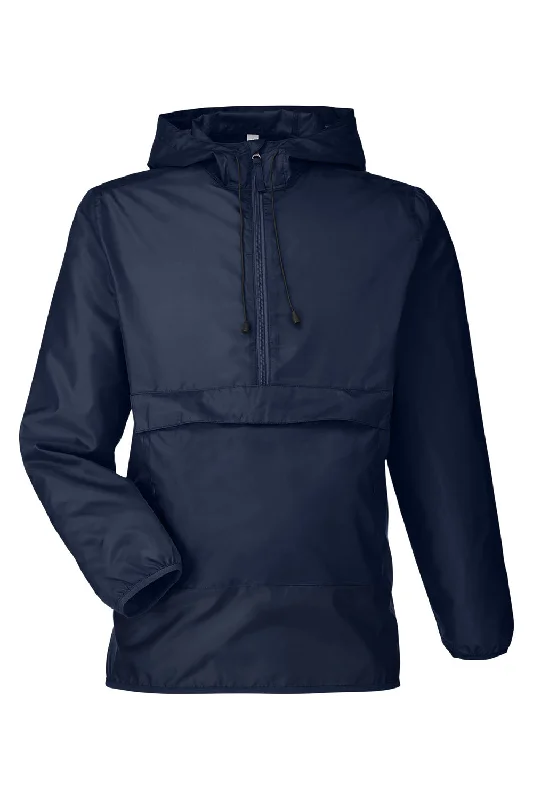 Team 365 Mens Zone Protect Water Resistant Hooded Packable Hooded 1/4 Zip Anorak Jacket - Dark Navy Blue