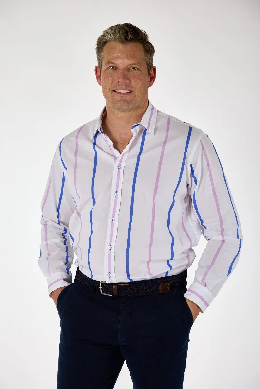 Gun Hill Mens Wilberforce shirt - White with Blue and pink stripe