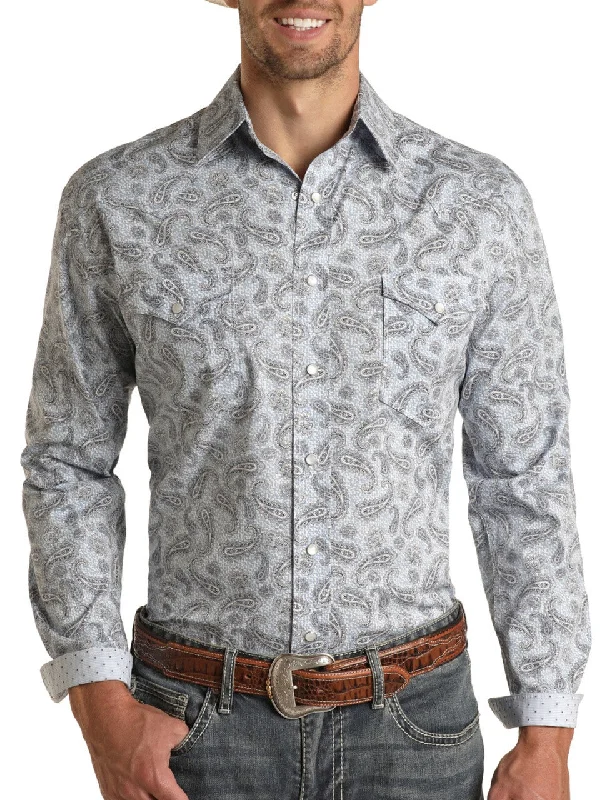 Panhandle Men's Blue Long Sleeve Pearl Snap Stretch Western Shirt