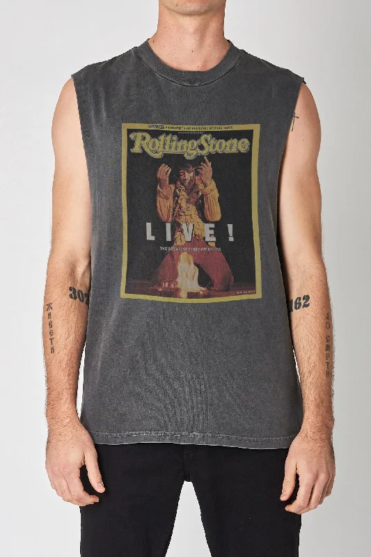 ROLLAS Mens Rolling Stone Hendrix Muscle Tee - Washed Black