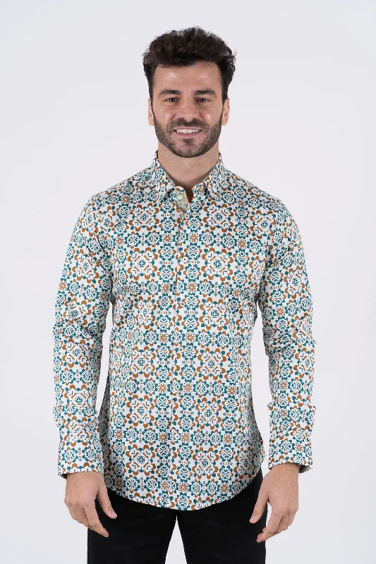 Small Print Satin Cotton/Spandex Platini Men's Long Sleeve Shirt - TKL8902 (Plus Size)