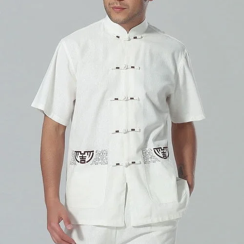 Auspicious Embroidery Short Sleeve Signature Cotton Chinese Shirt