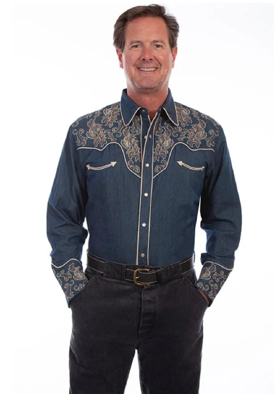 Scully Men's Vine Embroidered Western Snap Up Long Sleeve Shirt P-907 DEN