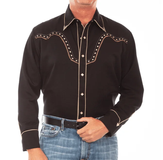 Scully Men's Black Diamond Yoke Embroidered Western Snap Up Shirt P-898