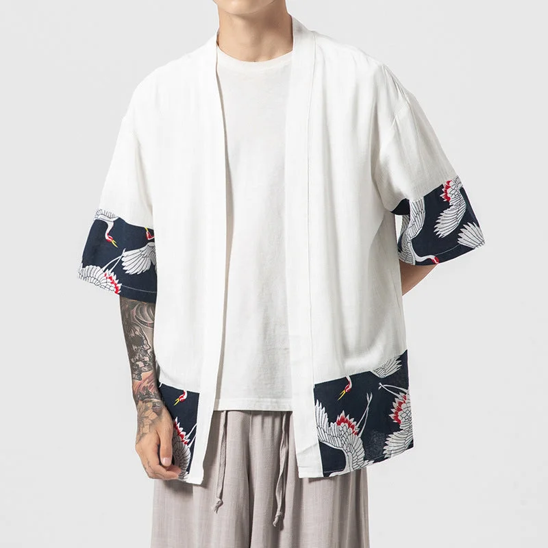 Crane Pattern Men's Cardigan Kimono Shirt Samurai Costume