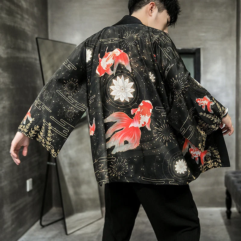 Cyprinus Pattern Retro Men's Cardigan Kimono Shirt Samurai Costume