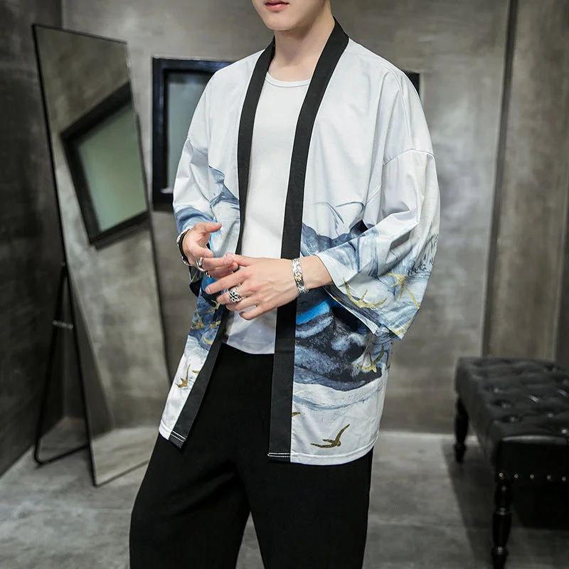 Landscape Pattern Retro Men's Cardigan Kimono Shirt Samurai Costume