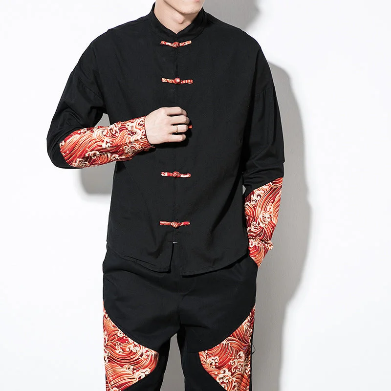 Long Sleeve Colorblock Signature Cotton Chinese Shirt