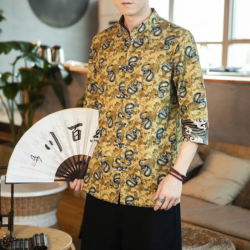 Long Sleeve Dragon Pattern Signature Cotton Chinese Shirt