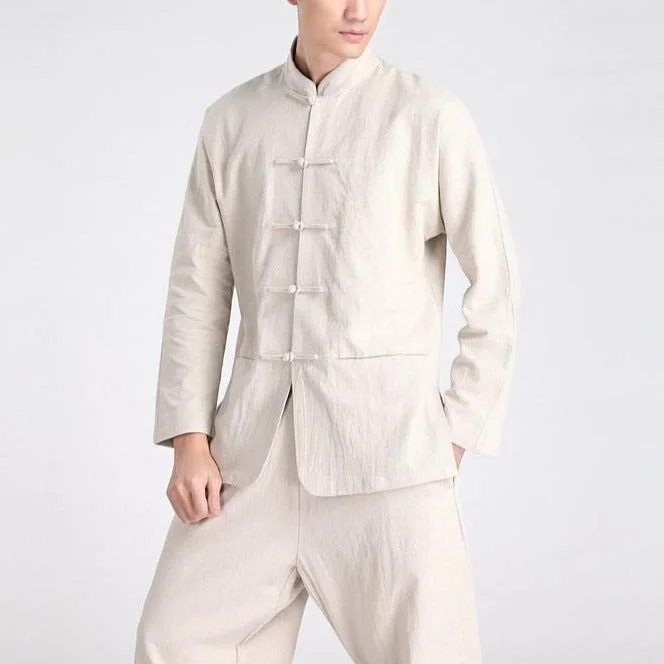 Mandarin Collar Linen Traditional Chinese Kung Fu Suit with Strap Buttons