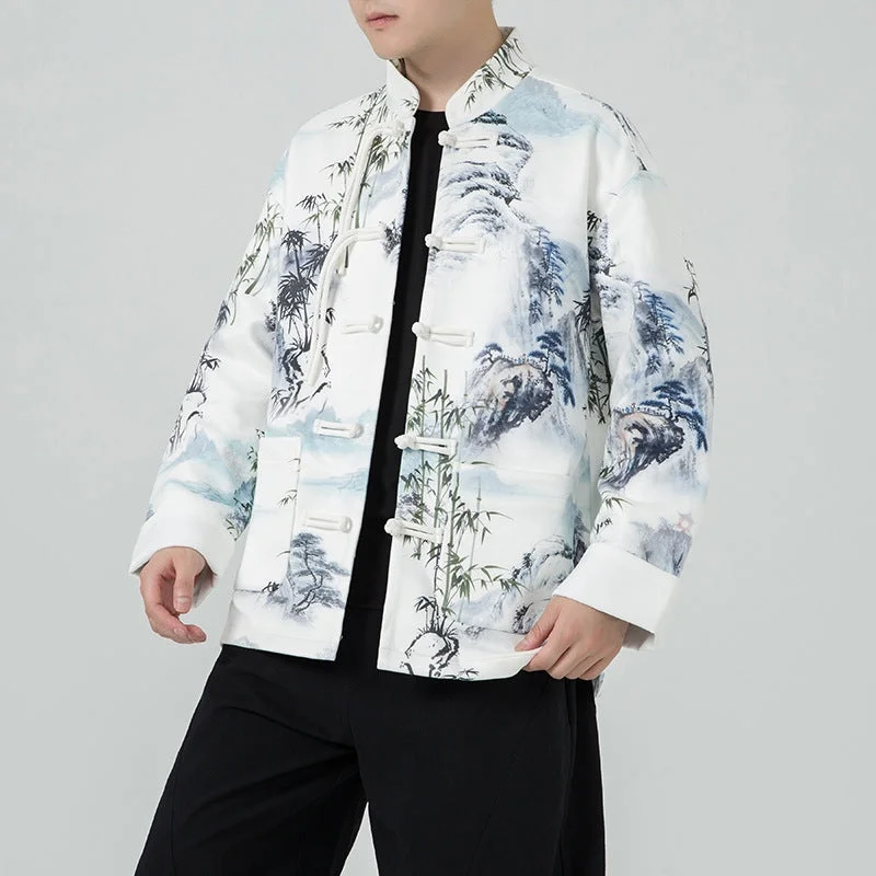 Men's Chinese Style Floral Cotton Long Sleeve Shirt Casual Tang Suit