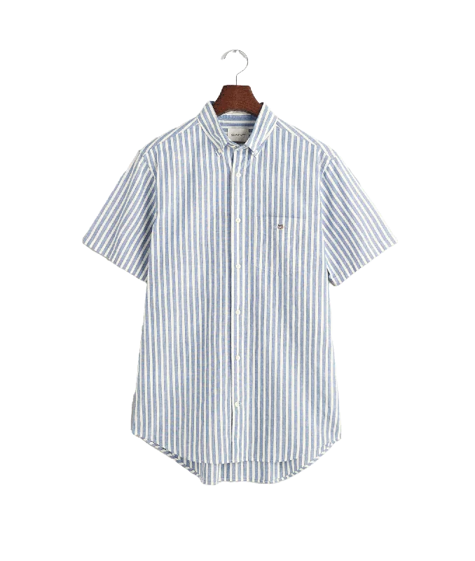 Regular Fit Striped Cotton Linen Short Sleeve Shirt - Blue