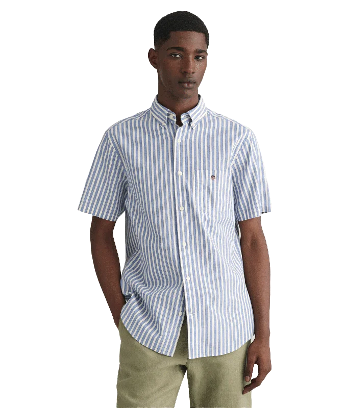 Regular Fit Striped Cotton Linen Short Sleeve Shirt - Blue